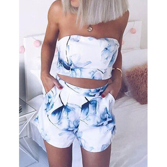 Blue Floral Watercolor 2 piece Top & Shorts set - Picture 3 of 5